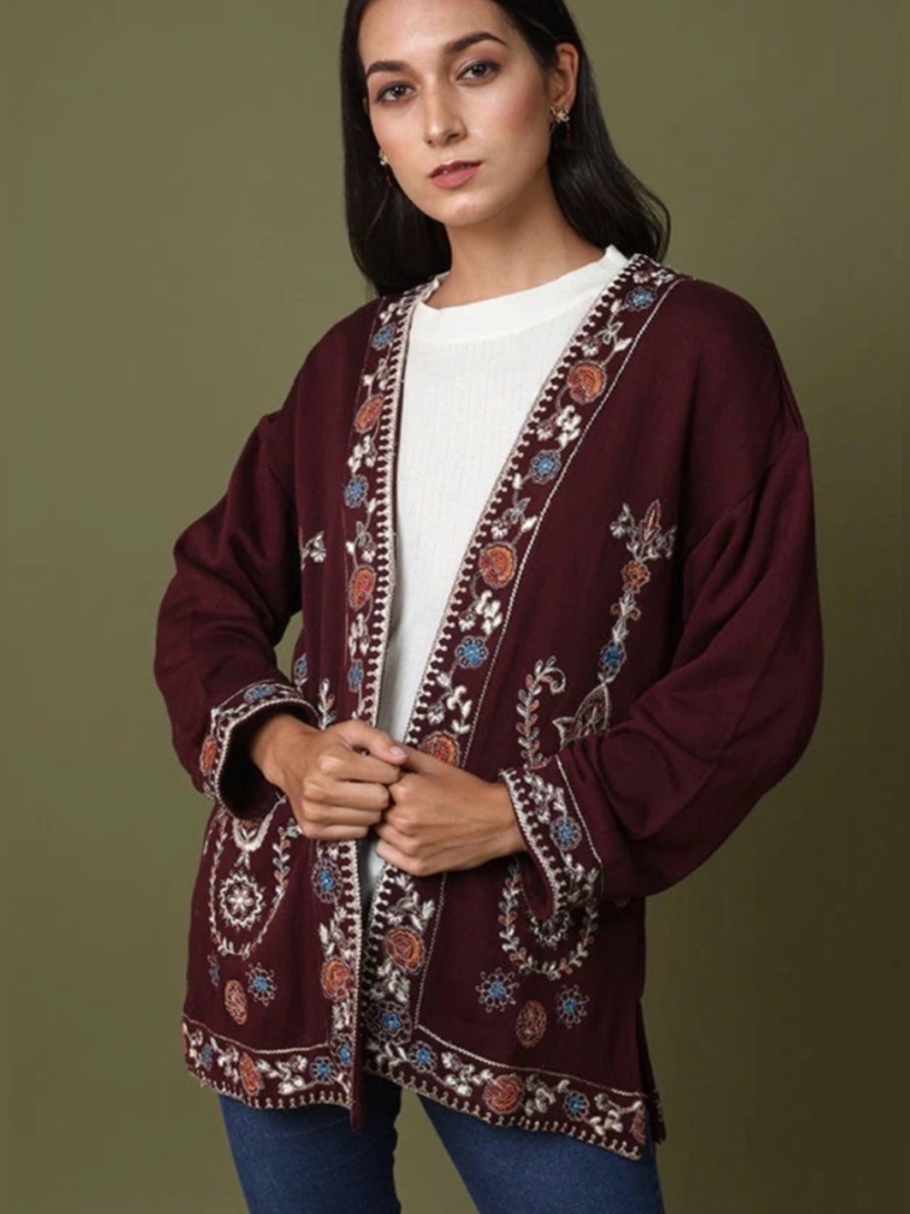 Soft Surroundings Embroidered Open Front Cardigan Kimono Fleece XS